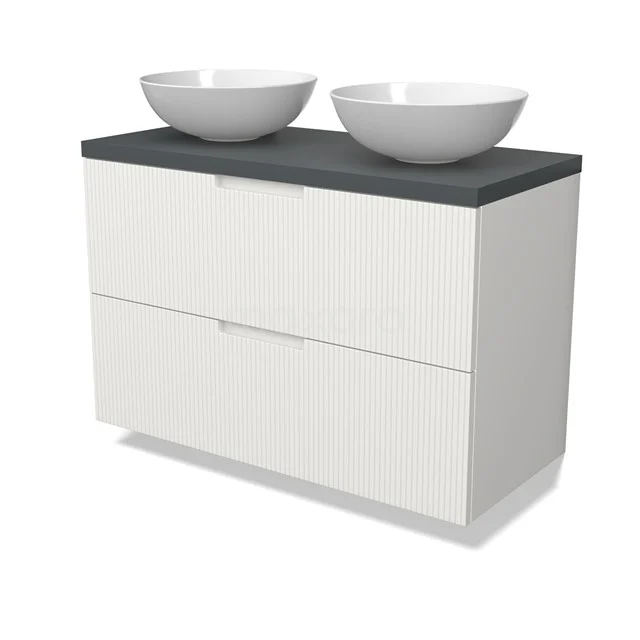 Modulo Plato Badmöbel mit Aufsatzwaschbecken | 100 cm Matt Weiß Linie front Dunkelgrau blatt 2 übereinanderliegende Schubladen BMK17-03059