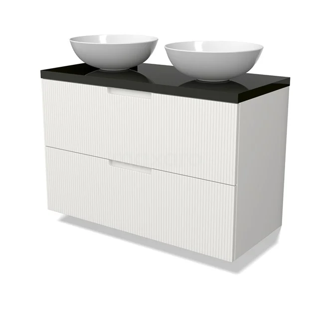 Modulo Plato Badmöbel mit Aufsatzwaschbecken | 100 cm Matt Weiß Linie front Hochglanz Schwarz blatt 2 übereinanderliegende Schubladen BMK17-03060