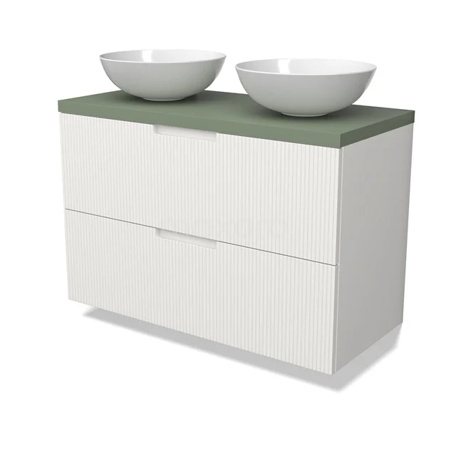 Modulo Plato Vanity units for countertop basin | 100 cm Matte white Line front Sage green worktop 2 Stacked drawers BMK17-03061