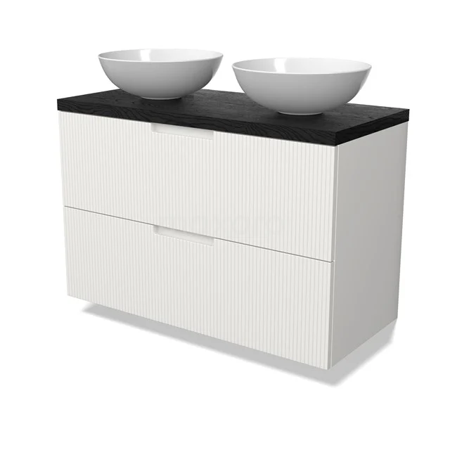 Modulo Plato Badmöbel mit Aufsatzwaschbecken | 100 cm Matt Weiß Linie front Schwarze Eiche blatt 2 übereinanderliegende Schubladen BMK17-03062