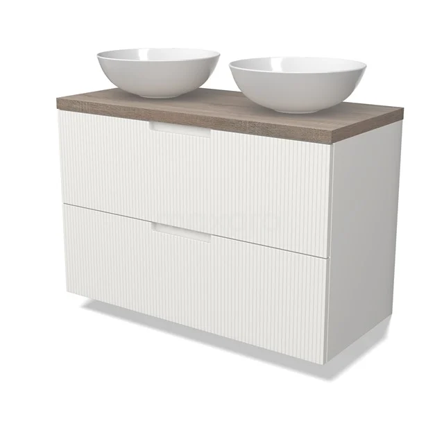 Modulo Plato Badmöbel mit Aufsatzwaschbecken | 100 cm Matt Weiß Linie front Eiche blatt 2 übereinanderliegende Schubladen BMK17-03063