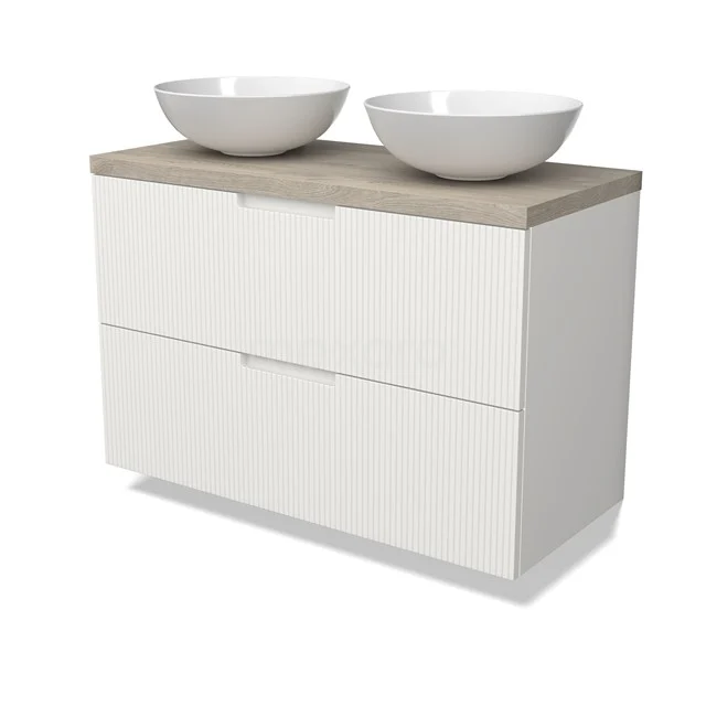 Modulo Plato Vanity units for countertop basin | 100 cm Matte white Line front Light grey oak worktop 2 Stacked drawers BMK17-03064