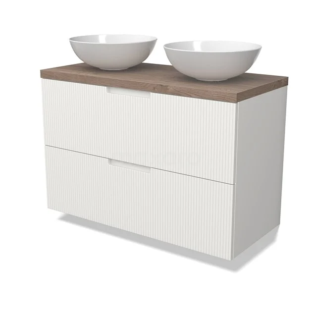 Modulo Plato Badmöbel mit Aufsatzwaschbecken | 100 cm Matt Weiß Linie front Mittelbraune Eiche blatt 2 übereinanderliegende Schubladen BMK17-03066