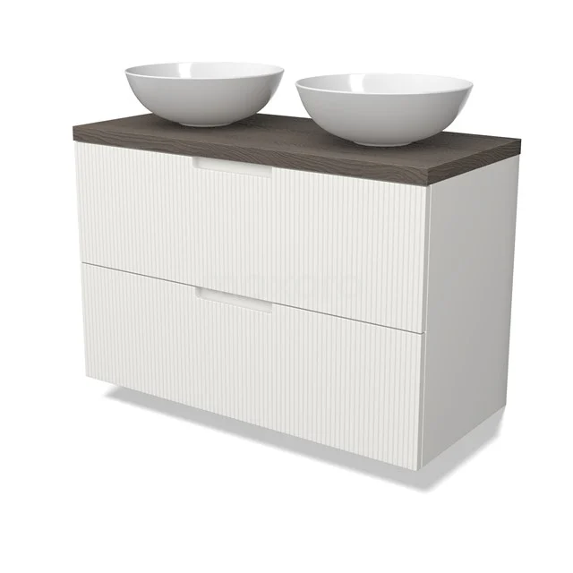 Modulo Plato Badmöbel mit Aufsatzwaschbecken | 100 cm Matt Weiß Linie front Dunkelbraune Eiche blatt 2 übereinanderliegende Schubladen BMK17-03067