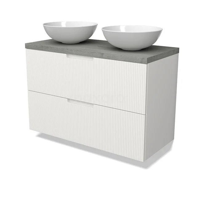 Modulo Plato Vanity units for countertop basin | 100 cm Matte white Line front Grey oak worktop 2 Stacked drawers BMK17-03068