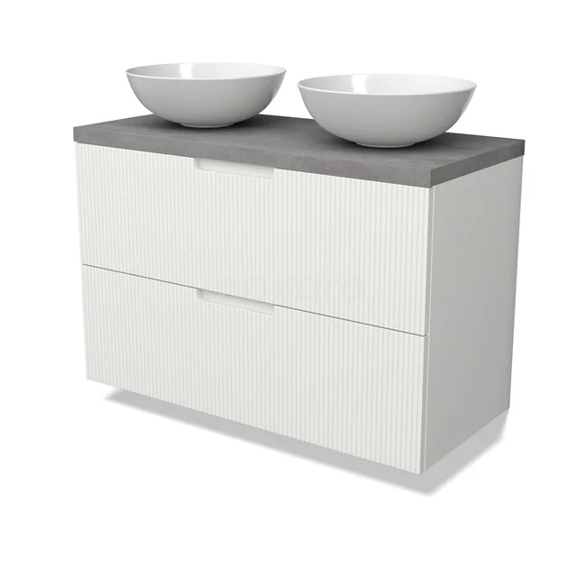 Modulo Plato Vanity units for countertop basin | 100 cm Matte white Line front Light grey concrete worktop 2 Stacked drawers BMK17-03069