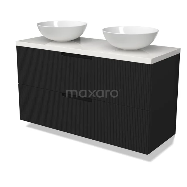 Modulo Plato Vanity units for countertop basin | 120 cm Matte black Line front High-gloss white worktop 2 Stacked drawers BMK17-03074