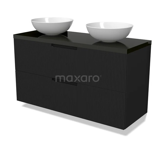 Modulo Plato Vanity units for countertop basin | 120 cm Matte black Line front High-gloss black worktop 2 Stacked drawers BMK17-03077