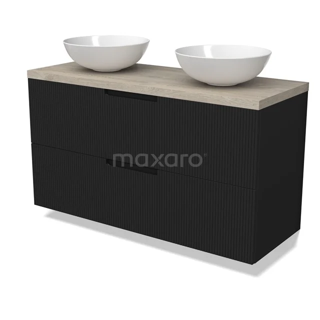 Modulo Plato Badmöbel mit Aufsatzwaschbecken | 120 cm Matt Schwarz Linie front Hellgraue Eiche blatt 2 übereinanderliegende Schubladen BMK17-03081