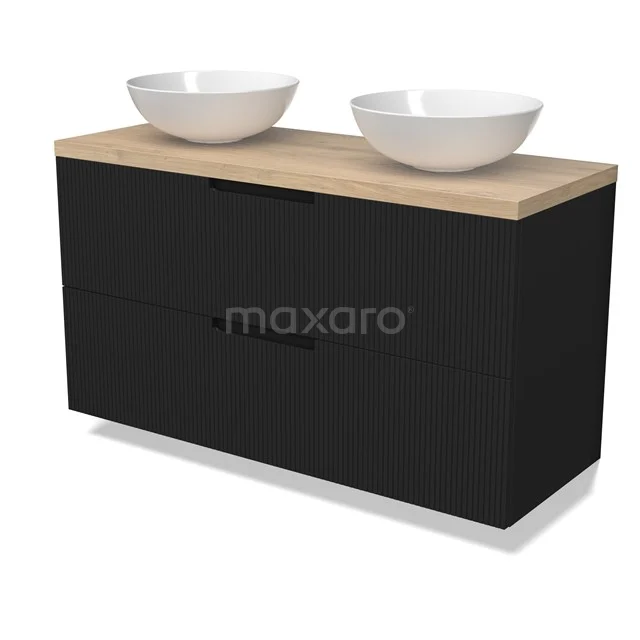 Modulo Plato Badmöbel mit Aufsatzwaschbecken | 120 cm Matt Schwarz Linie front Hellbraune Eiche blatt 2 übereinanderliegende Schubladen BMK17-03082