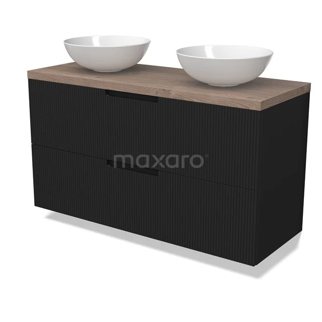 Modulo Plato Vanity units for countertop basin | 120 cm Matte black Line front Mid brown oak worktop 2 Stacked drawers BMK17-03083