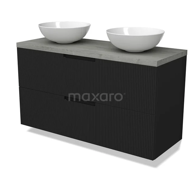 Modulo Plato Vanity units for countertop basin | 120 cm Matte black Line front Grey oak worktop 2 Stacked drawers BMK17-03085
