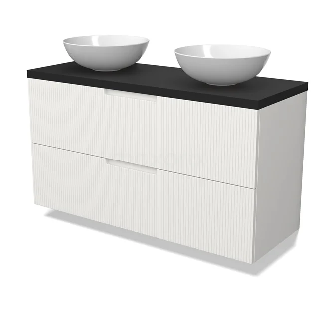 Modulo Plato Vanity units for countertop basin | 120 cm Matte white Line front Matte black worktop 2 Stacked drawers BMK17-03088