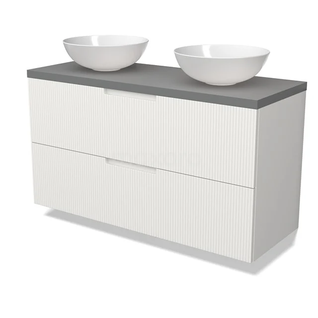 Modulo Plato Badmöbel mit Aufsatzwaschbecken | 120 cm Matt Weiß Linie front Mittelgrau blatt 2 übereinanderliegende Schubladen BMK17-03090