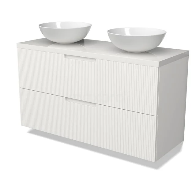 Modulo Plato Vanity units for countertop basin | 120 cm Matte white Line front High-gloss white worktop 2 Stacked drawers BMK17-03091