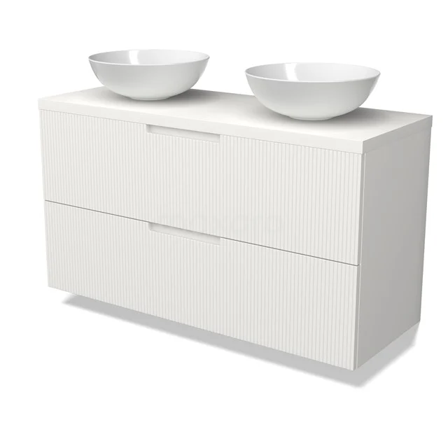 Modulo Plato Badmöbel mit Aufsatzwaschbecken | 120 cm Matt Weiß Linie front Matt Weiß blatt 2 übereinanderliegende Schubladen BMK17-03092