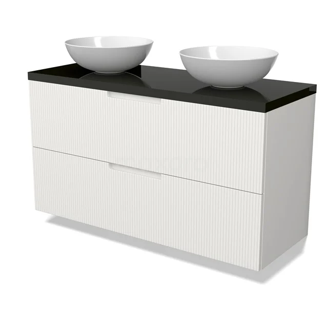 Modulo Plato Vanity units for countertop basin | 120 cm Matte white Line front High-gloss black worktop 2 Stacked drawers BMK17-03094