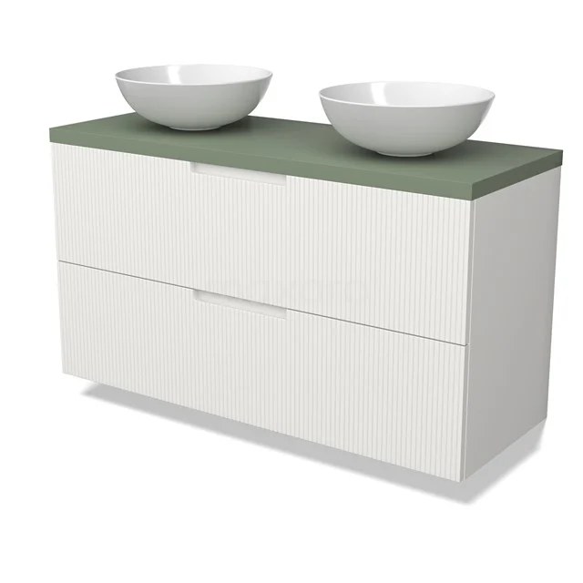 Modulo Plato Badmöbel mit Aufsatzwaschbecken | 120 cm Matt Weiß Linie front Salbeigrün blatt 2 übereinanderliegende Schubladen BMK17-03095