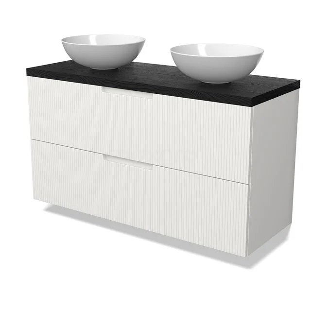 Modulo Plato Badmöbel mit Aufsatzwaschbecken | 120 cm Matt Weiß Linie front Schwarze Eiche blatt 2 übereinanderliegende Schubladen BMK17-03096