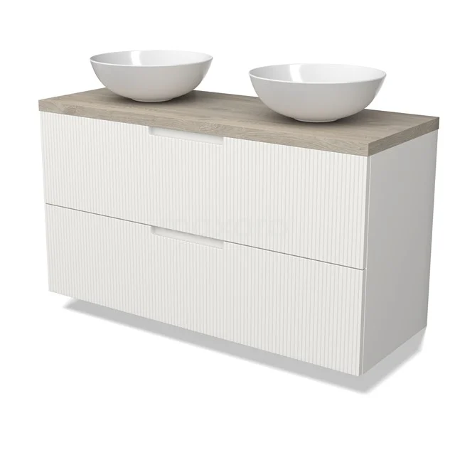 Modulo Plato Vanity units for countertop basin | 120 cm Matte white Line front Light grey oak worktop 2 Stacked drawers BMK17-03098