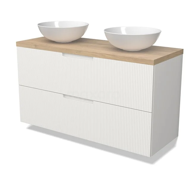 Modulo Plato Badmöbel mit Aufsatzwaschbecken | 120 cm Matt Weiß Linie front Hellbraune Eiche blatt 2 übereinanderliegende Schubladen BMK17-03099