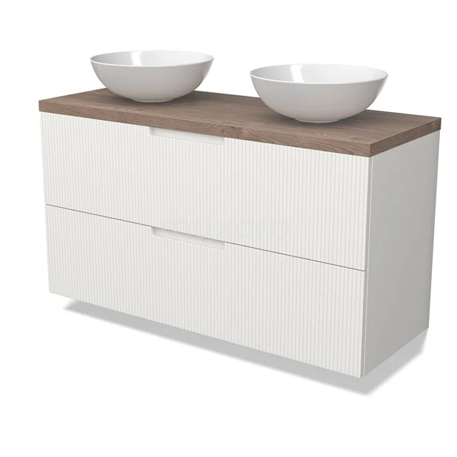 Modulo Plato Vanity units for countertop basin | 120 cm Matte white Line front Mid brown oak worktop 2 Stacked drawers BMK17-03100