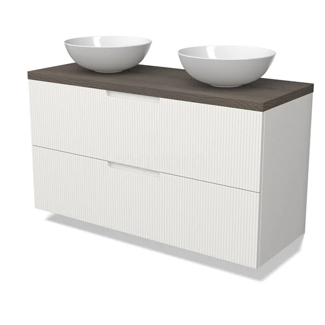 Modulo Plato Badmöbel mit Aufsatzwaschbecken | 120 cm Matt Weiß Linie front Dunkelbraune Eiche blatt 2 übereinanderliegende Schubladen BMK17-03101