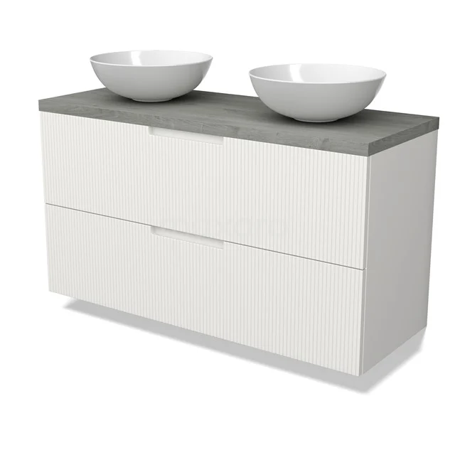 Modulo Plato Vanity units for countertop basin | 120 cm Matte white Line front Grey oak worktop 2 Stacked drawers BMK17-03102