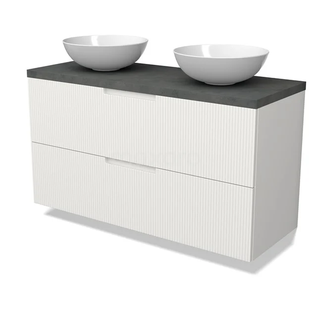 Modulo Plato Vanity units for countertop basin | 120 cm Matte white Line front Dark grey concrete worktop 2 Stacked drawers BMK17-03104