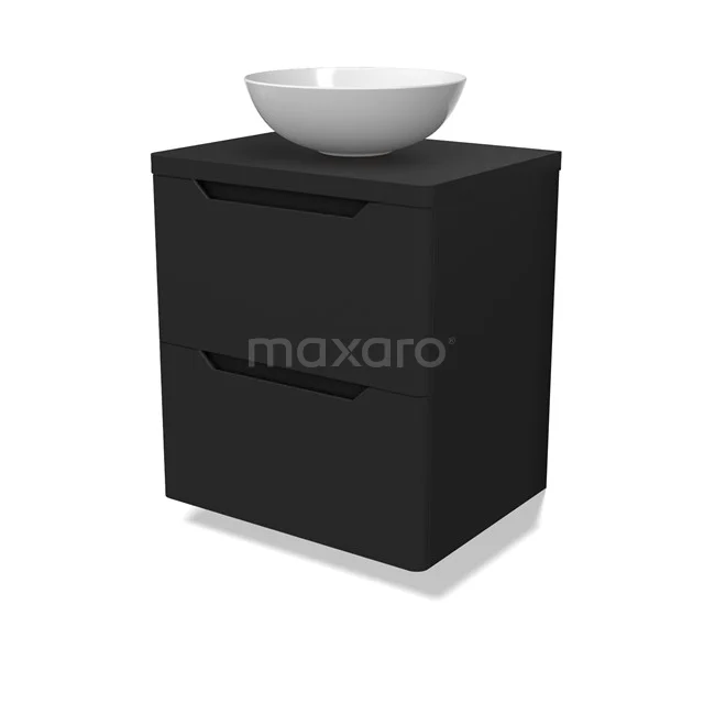 Modulo Plato Badmöbel mit Aufsatzwaschbecken | 60 cm Matt Schwarz Rund front Matt Schwarz blatt 2 übereinanderliegende Schubladen BMK17-03105