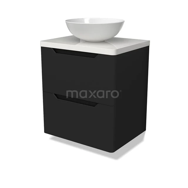 Modulo Plato Vanity units for countertop basin | 60 cm Matte black Round front High-gloss white worktop 2 Stacked drawers BMK17-03107