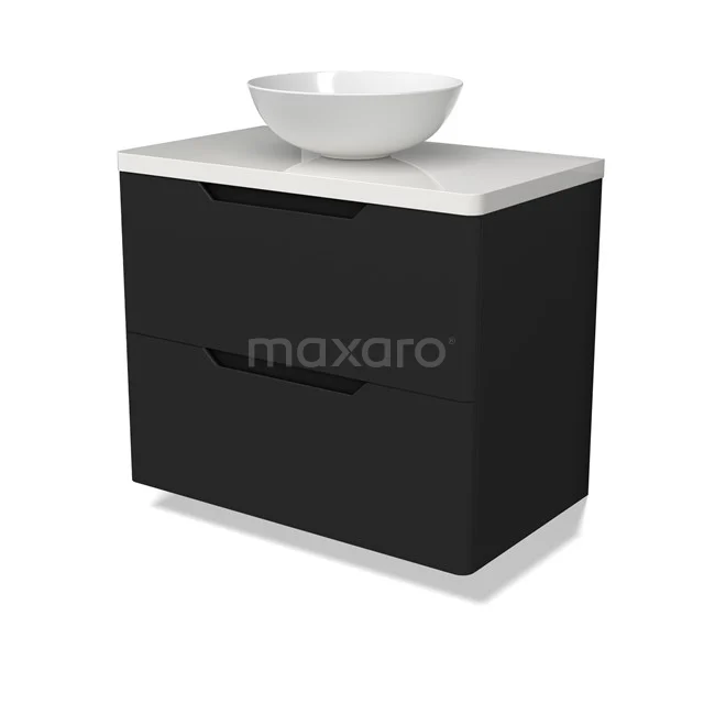 Modulo Plato Vanity units for countertop basin | 80 cm Matte black Round front High-gloss white worktop 2 Stacked drawers BMK17-03111