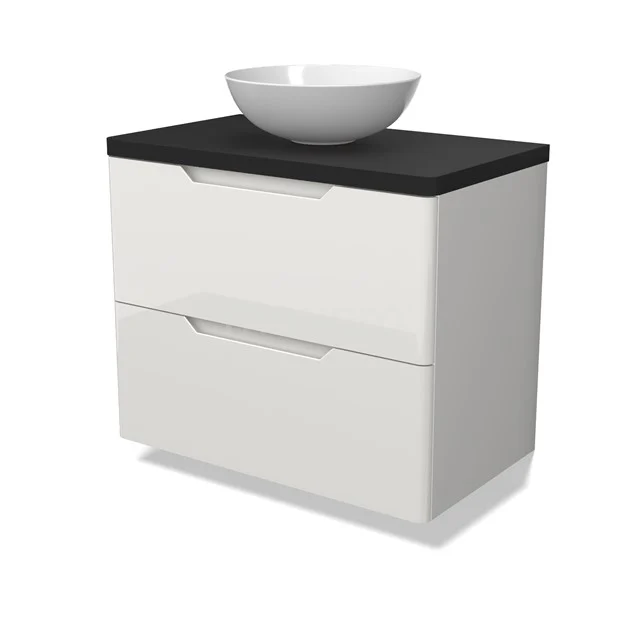 Modulo Plato Vanity units for countertop basin | 80 cm High-gloss white Round front Matte black worktop 2 Stacked drawers BMK17-03112