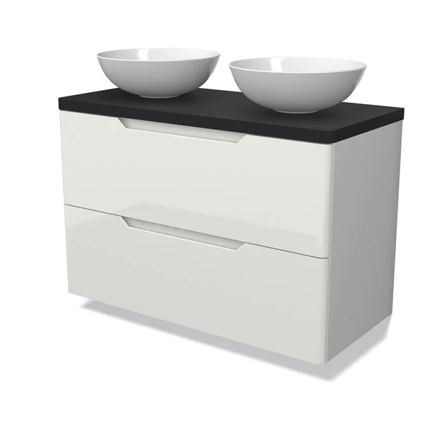Modulo Plato Vanity units for countertop basin | 100 cm High-gloss white Round front Matte black worktop 2 Stacked drawers BMK17-03116