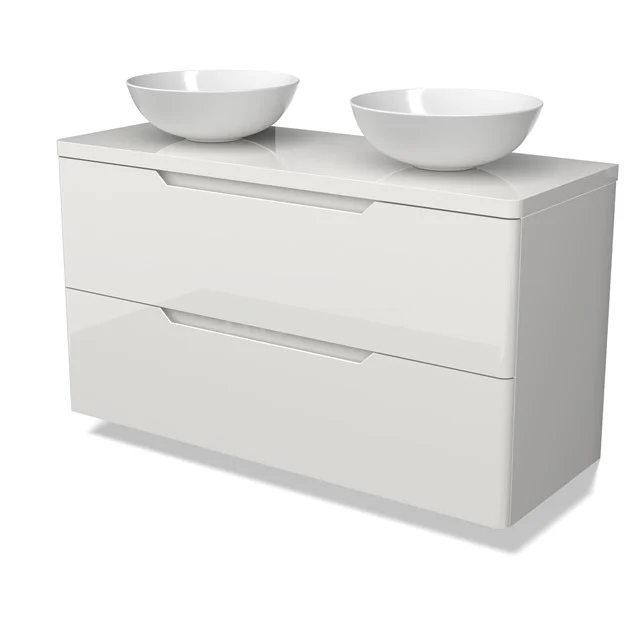 Modulo Plato Badmöbel mit Aufsatzwaschbecken | 120 cm Hochglanz Weiß Rund front Hochglanz Weiß blatt 2 übereinanderliegende Schubladen BMK17-03118