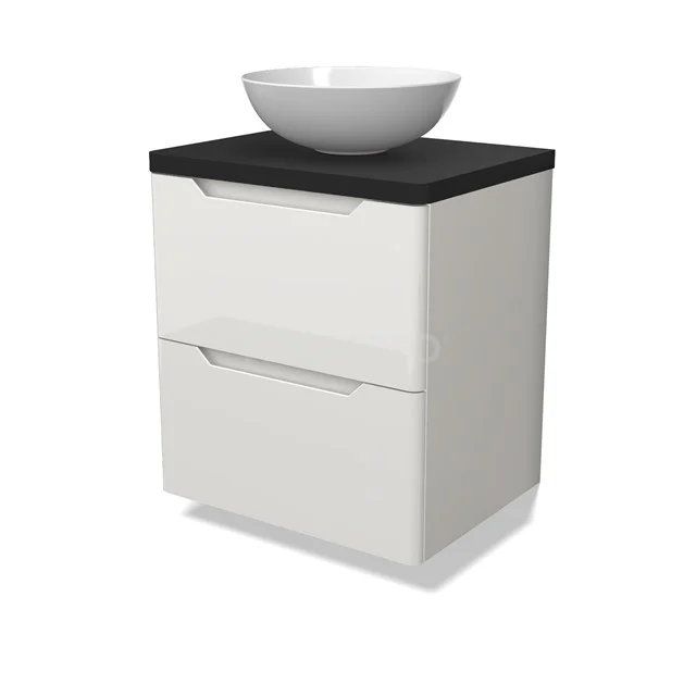 Modulo Plato Vanity units for countertop basin | 60 cm High-gloss white Round front Matte black worktop 2 Stacked drawers BMK17-03108