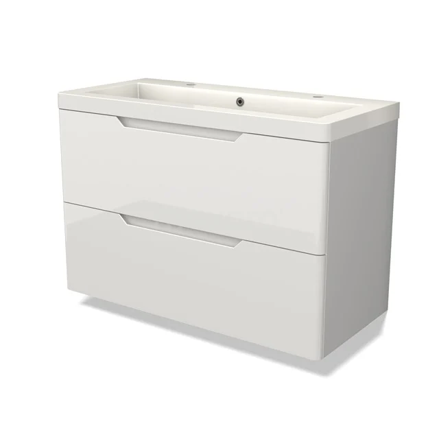 Modulo Bathroom furniture with sink | 100 cm High-gloss white Round front Mineral marble 2 Stacked drawers BMW17-05122