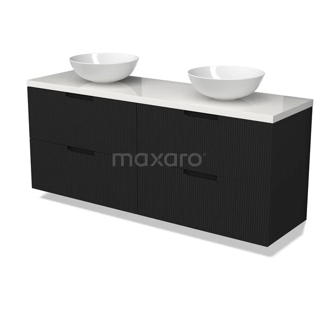 Modulo Plato Badmöbel mit Aufsatzwaschbecken | 160 cm Matt Schwarz Linie front Hochglanz Weiß blatt 4 Schubladen BMK18-02167