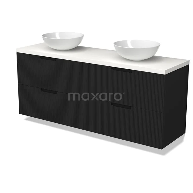 Modulo Plato Badmöbel mit Aufsatzwaschbecken | 160 cm Matt Schwarz Linie front Matt Weiß blatt 4 Schubladen BMK18-02168