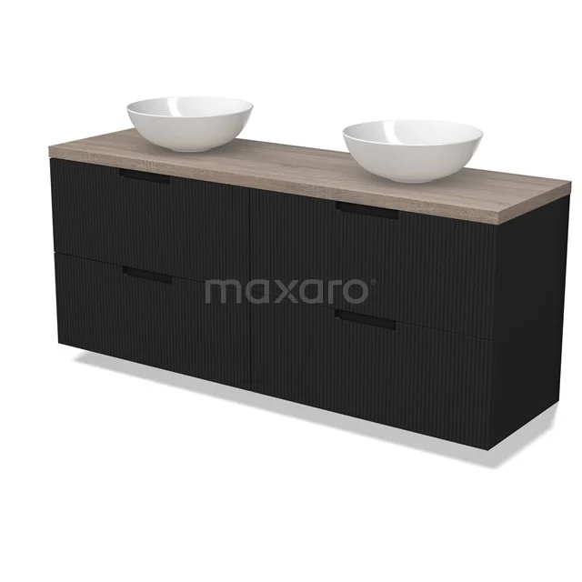 Modulo Plato Badmöbel mit Aufsatzwaschbecken | 160 cm Matt Schwarz Linie front Eiche blatt 4 Schubladen BMK18-02172