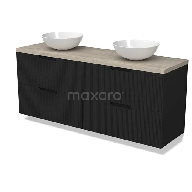 Modulo Plato Badmöbel mit Aufsatzwaschbecken | 160 cm Matt Schwarz Linie front Hellgraue Eiche blatt 4 Schubladen BMK18-02173