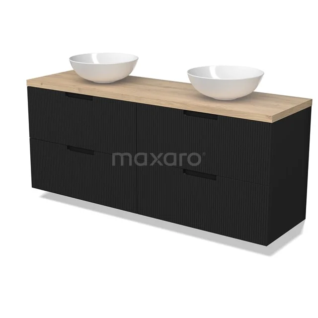 Modulo Plato Badmöbel mit Aufsatzwaschbecken | 160 cm Matt Schwarz Linie front Hellbraune Eiche blatt 4 Schubladen BMK18-02174