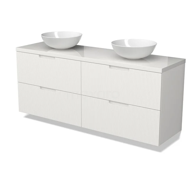 Modulo Plato Badmöbel mit Aufsatzwaschbecken | 160 cm Matt Weiß Linie front Hochglanz Weiß blatt 4 Schubladen BMK18-02182