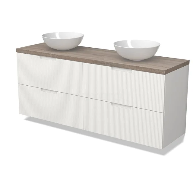 Modulo Plato Badmöbel mit Aufsatzwaschbecken | 160 cm Matt Weiß Linie front Eiche blatt 4 Schubladen BMK18-02187