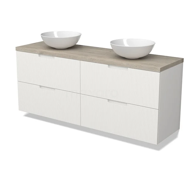 Modulo Plato Badmöbel mit Aufsatzwaschbecken | 160 cm Matt Weiß Linie front Hellgraue Eiche blatt 4 Schubladen BMK18-02188