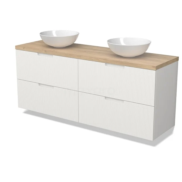 Modulo Plato Badmöbel mit Aufsatzwaschbecken | 160 cm Matt Weiß Linie front Hellbraune Eiche blatt 4 Schubladen BMK18-02189