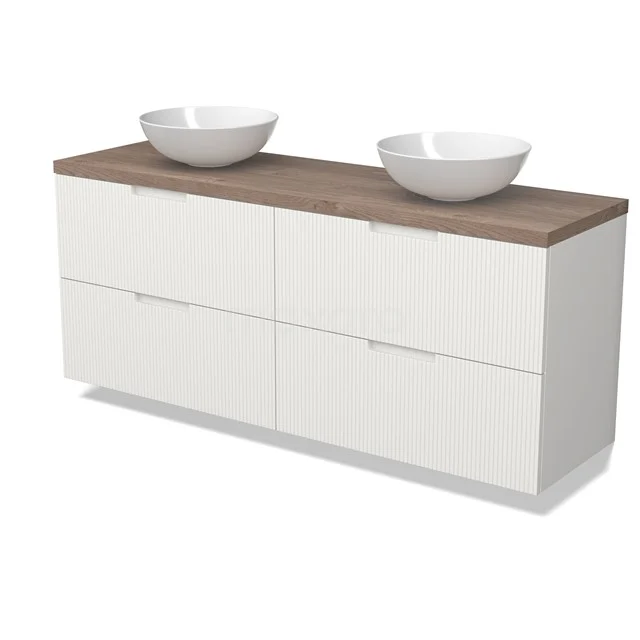 Modulo Plato Badmöbel mit Aufsatzwaschbecken | 160 cm Matt Weiß Linie front Mittelbraune Eiche blatt 4 Schubladen BMK18-02190