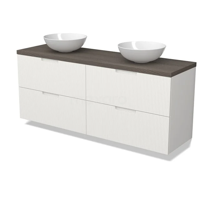 Modulo Plato Badmöbel mit Aufsatzwaschbecken | 160 cm Matt Weiß Linie front Dunkelbraune Eiche blatt 4 Schubladen BMK18-02191