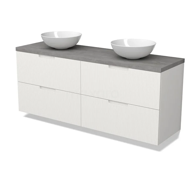 Modulo Plato Badmöbel mit Aufsatzwaschbecken | 160 cm Matt Weiß Linie front Hellgrauer Beton blatt 4 Schubladen BMK18-02192