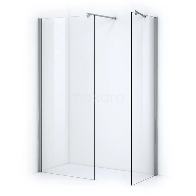 Glasene Duschwand mit Eckaufstellung, transparent, Aluminium Profile, ideal für moderne Badezimmergestaltung.